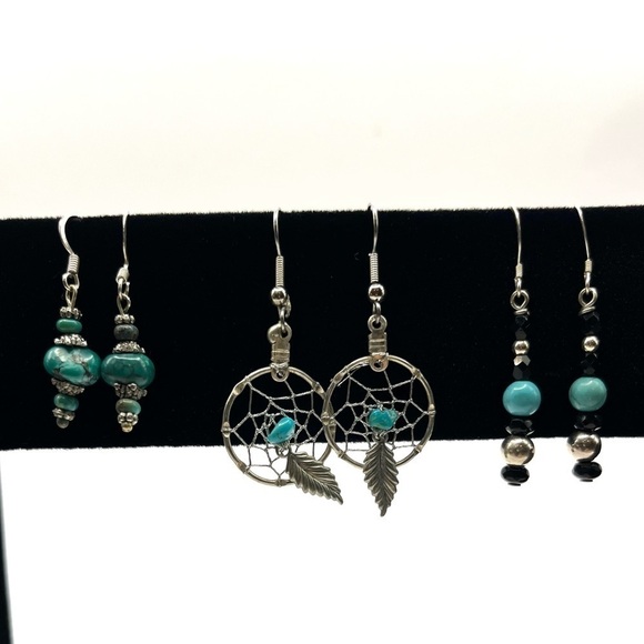 3 Pair | Silver Earrings Silver Tone |Faux  Turquoise|  Dream Catcher Earrings - Picture 1 of 11